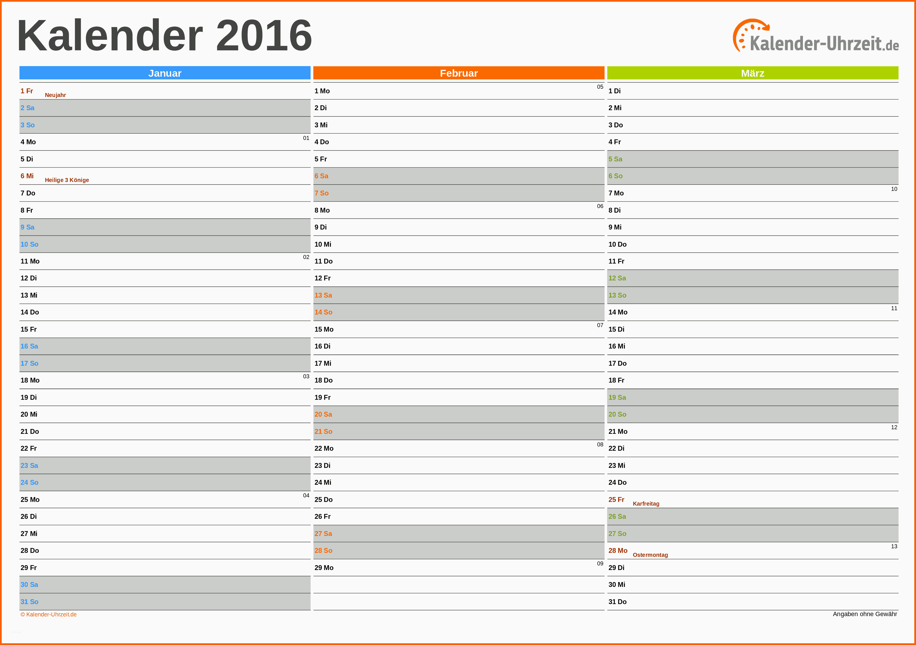 Spektakulär Excel Kalender 2016 Kostenlos