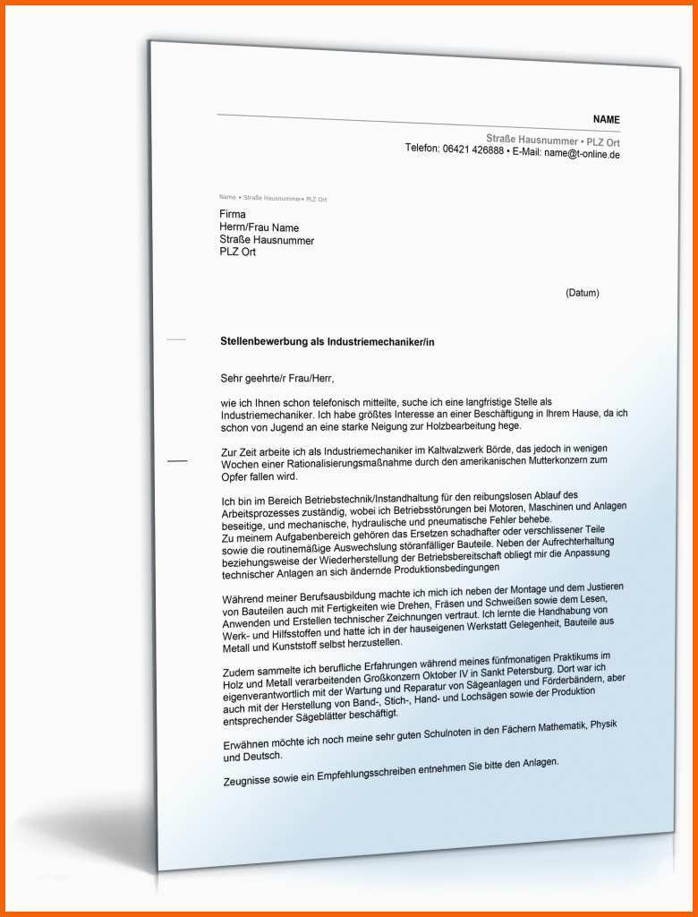 Spezialisiert Anschreiben Bewerbung Industriemechaniker