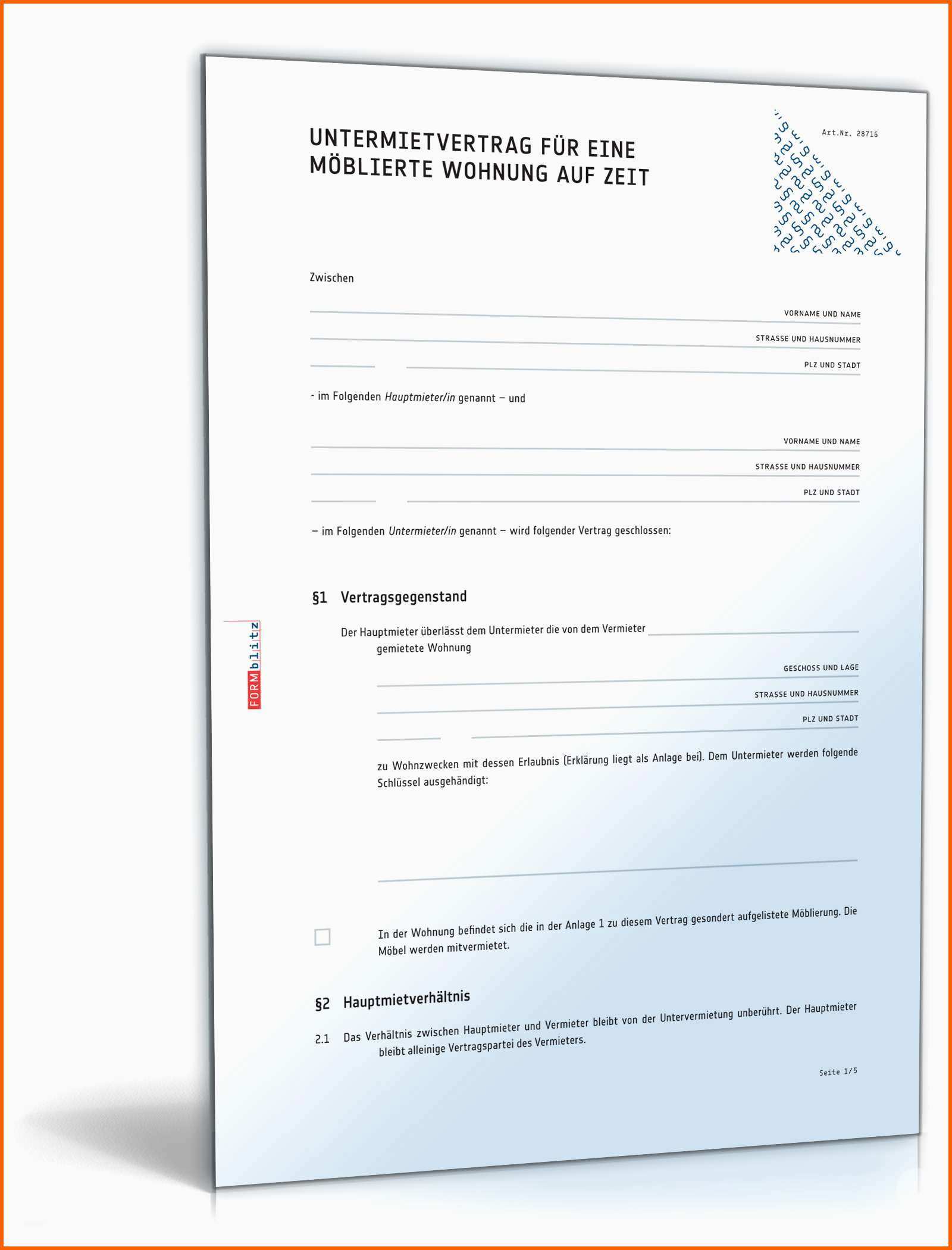Spezialisiert Befristeter Untermietvertrag Möblierte Wohnung Muster