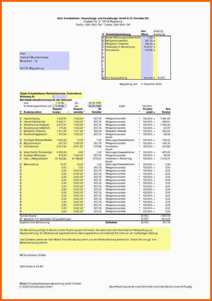 Spezialisiert Betriebskosten Abrechnung Mit Excel Download