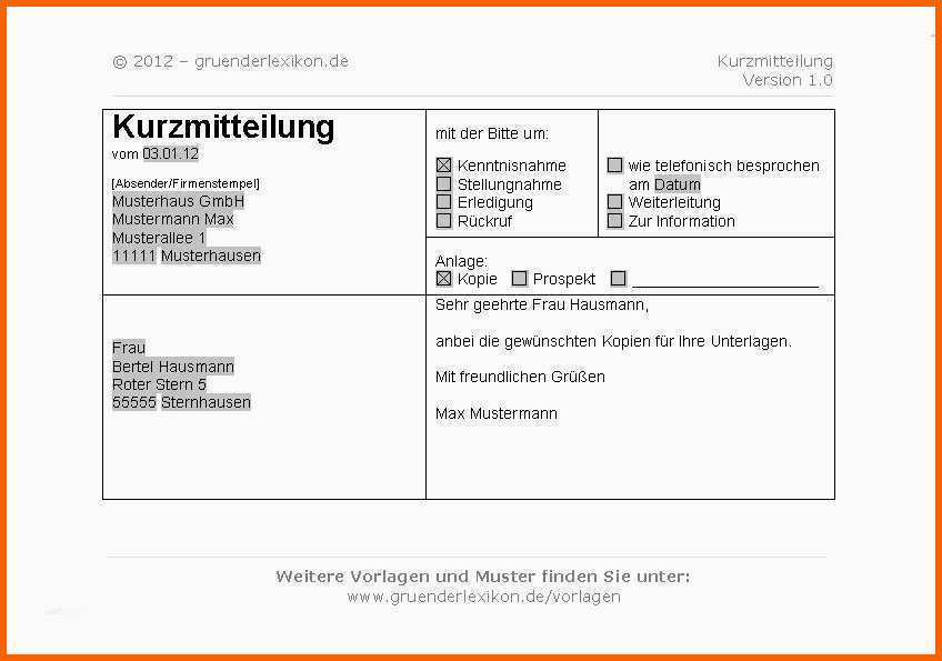 Spezialisiert Kurzmitteilung Vorlage Kostenlos Word Genial