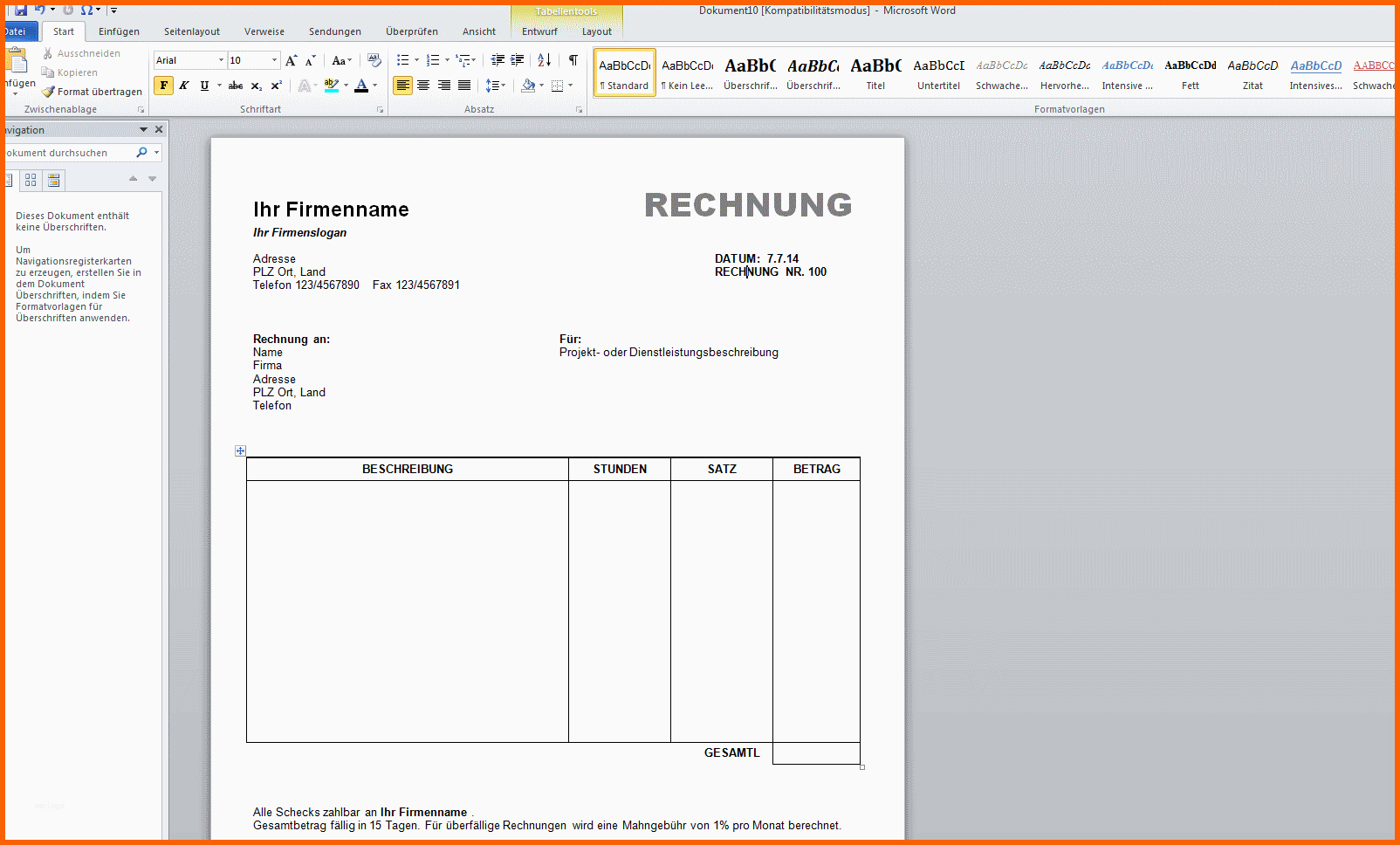 Spezialisiert Rechnungsvorlage Word Download