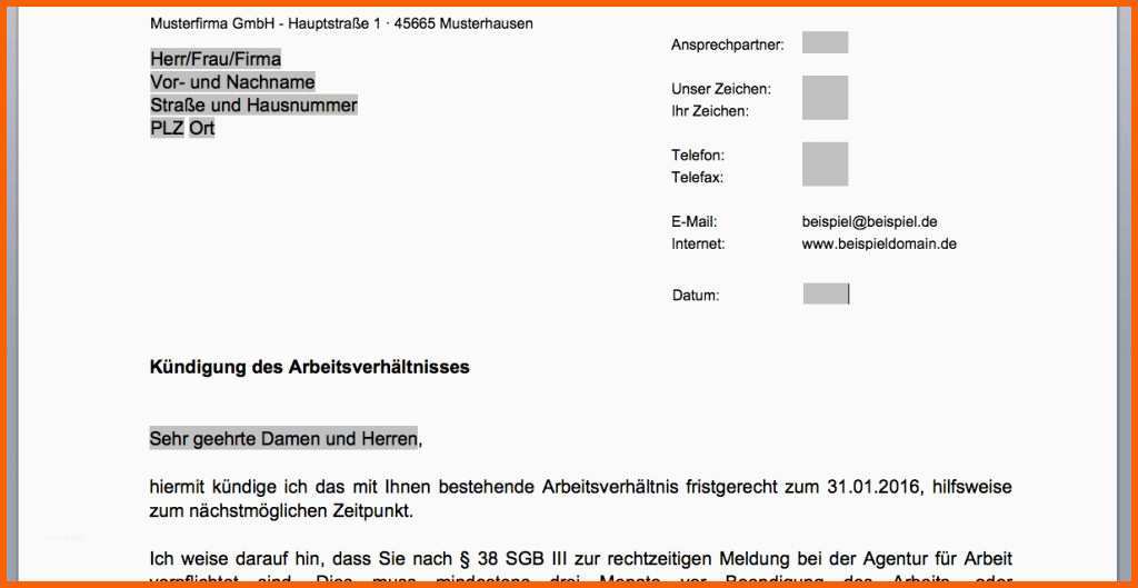 Spezialisiert Vorlage Kündigung Arbeitsvertrag Arbeitnehmer Kostenlos