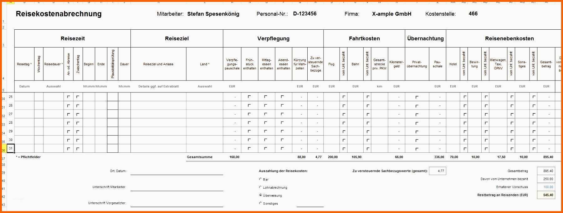 Tolle 8 Reisekostenabrechnung Excel Freeware