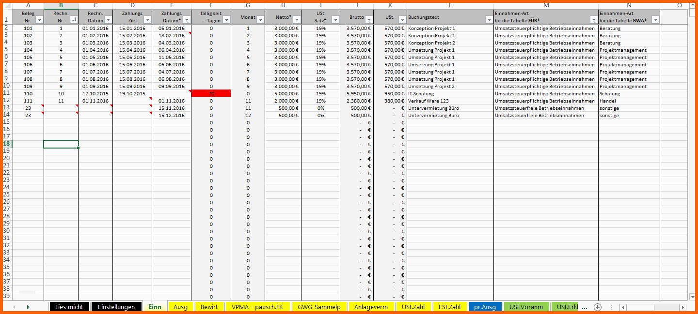 Tolle Excel Vorlage Einnahmenüberschussrechnung EÜr 2016