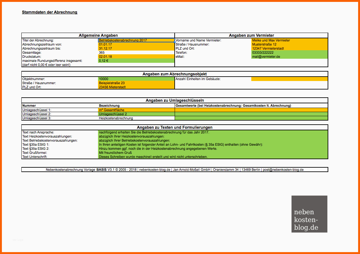Tolle Handbuch Excel Vorlage Nebenkosten Basis