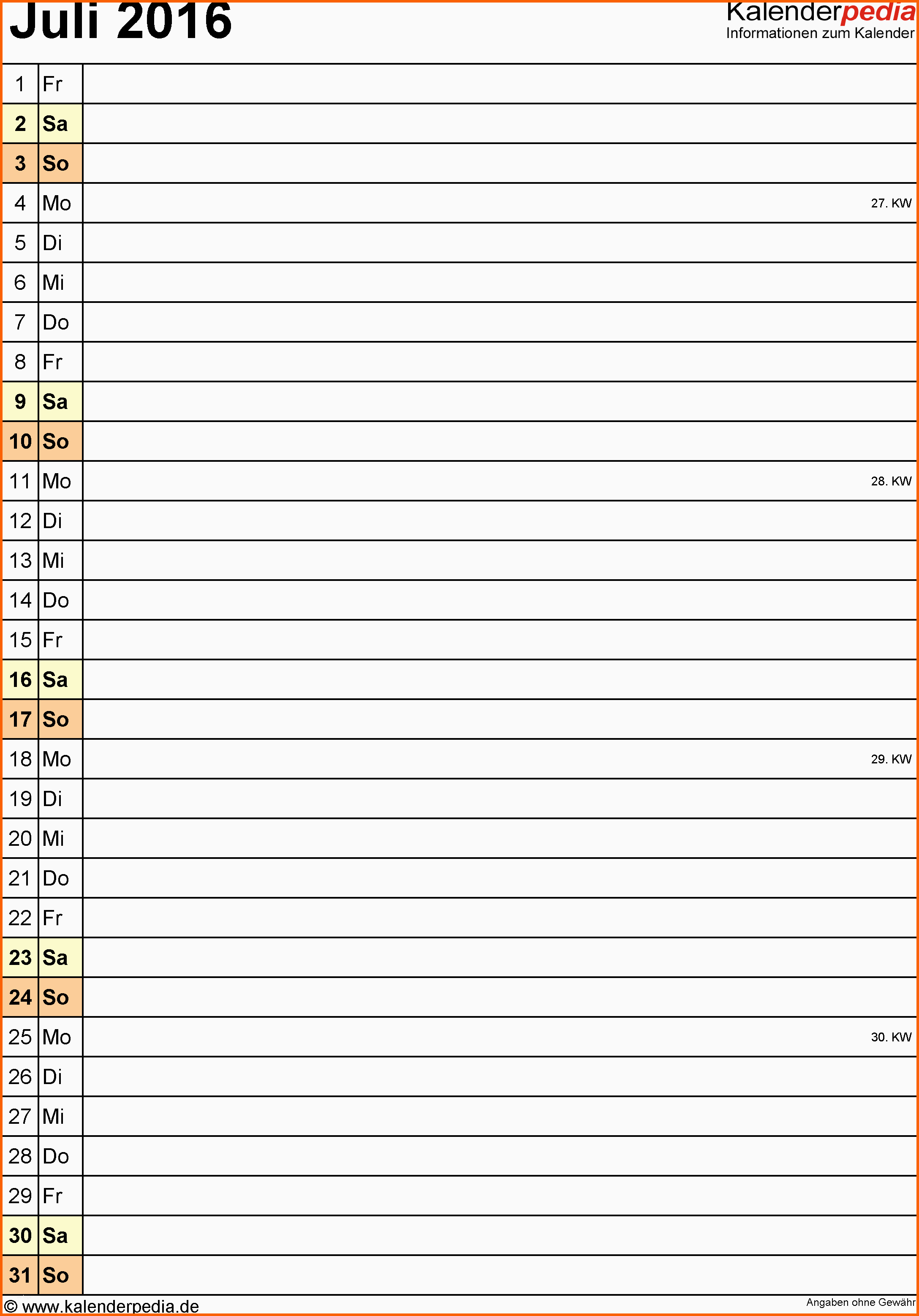 Tolle Kalender Juli 2016 Als Excel Vorlagen
