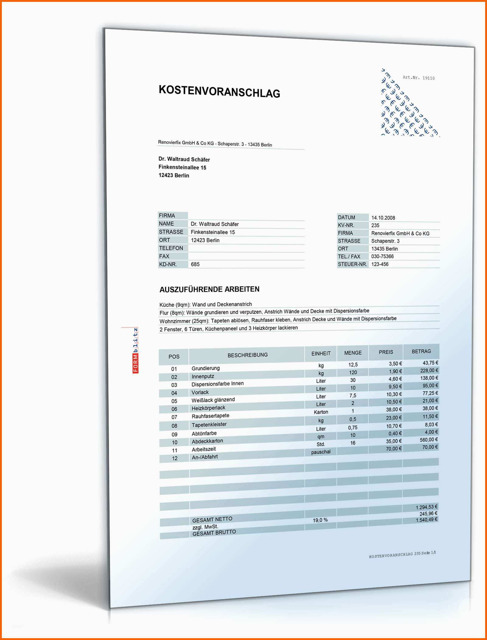 Tolle Kostenvoranschlag Maler Und Lackierarbeiten
