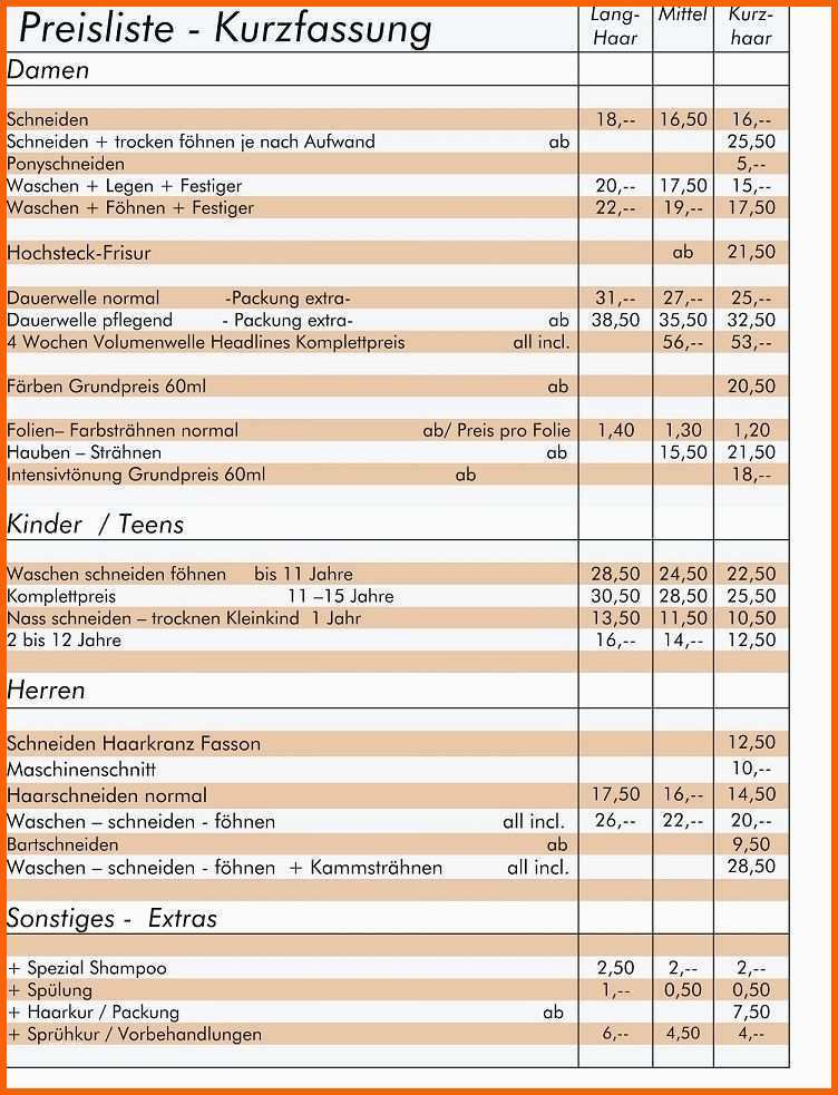 Tolle Preisliste Vorlage Friseur Befriedigend Preisliste Mit