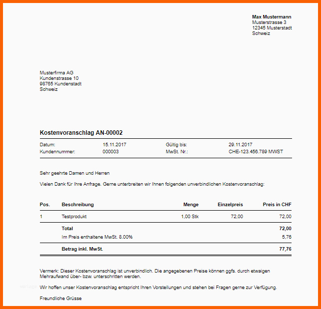 Überraschen 13 Kostenvoranschlag Vorlage