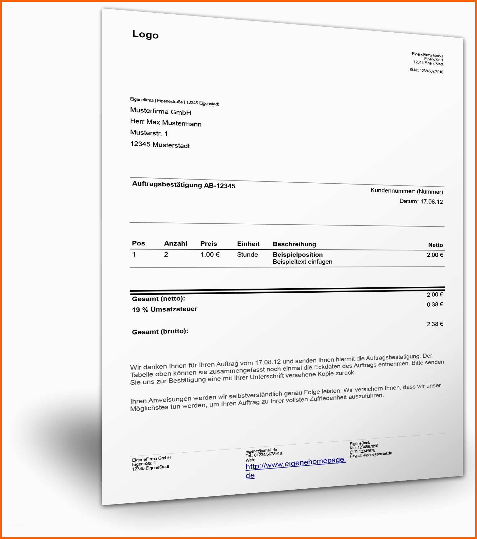 Überraschen Auftragsbestätigung Muster