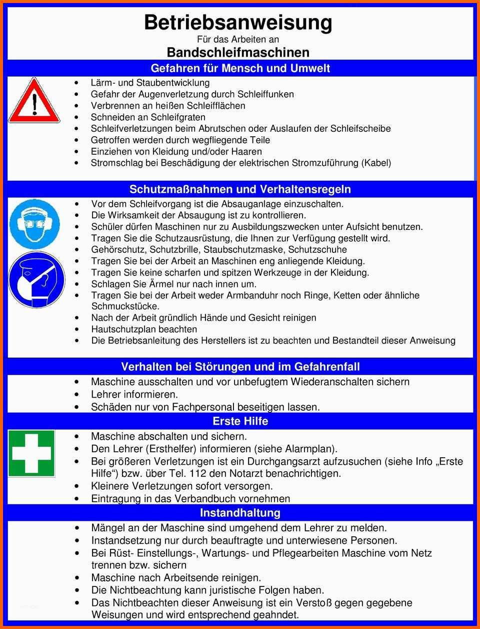 Überraschen Betriebsanweisung Für Das Arbeiten An Bandschleifmaschinen
