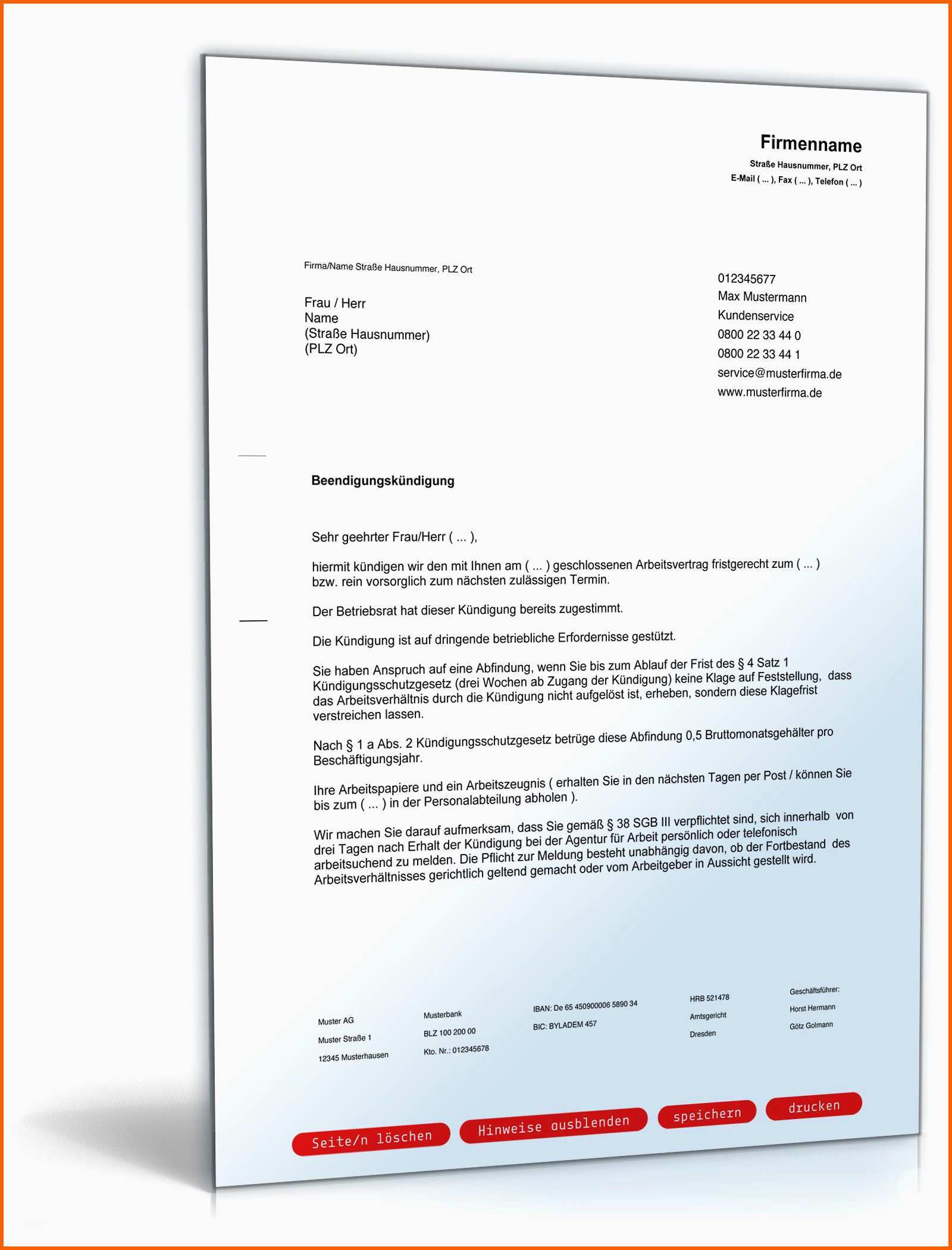 Überraschen Betriebsbedingte Kündigung Vorlage