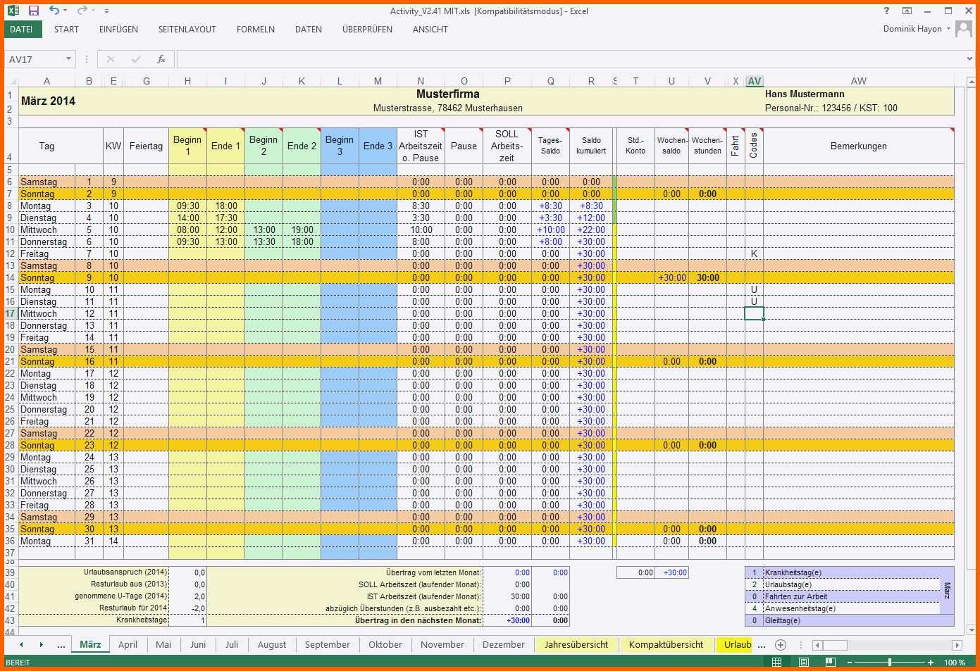 Überraschen Excel Vorlage Arbeitszeit