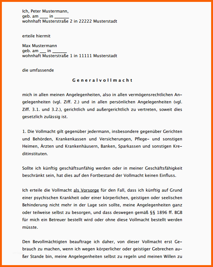 Überraschen Generalvollmacht Ausführlich Muster Zum Downloaden