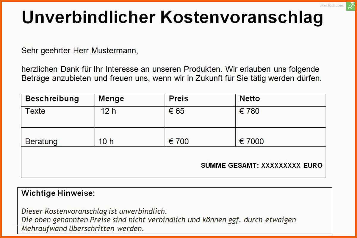 Überraschen Gratis Kostenvoranschlag Vorlage &amp; Muster