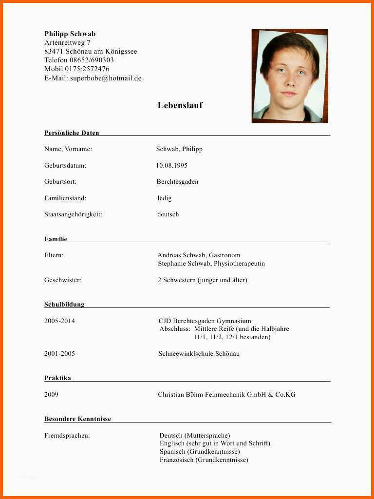 Ungewöhnlich 17 Schüler Lebenslauf Für Praktikum