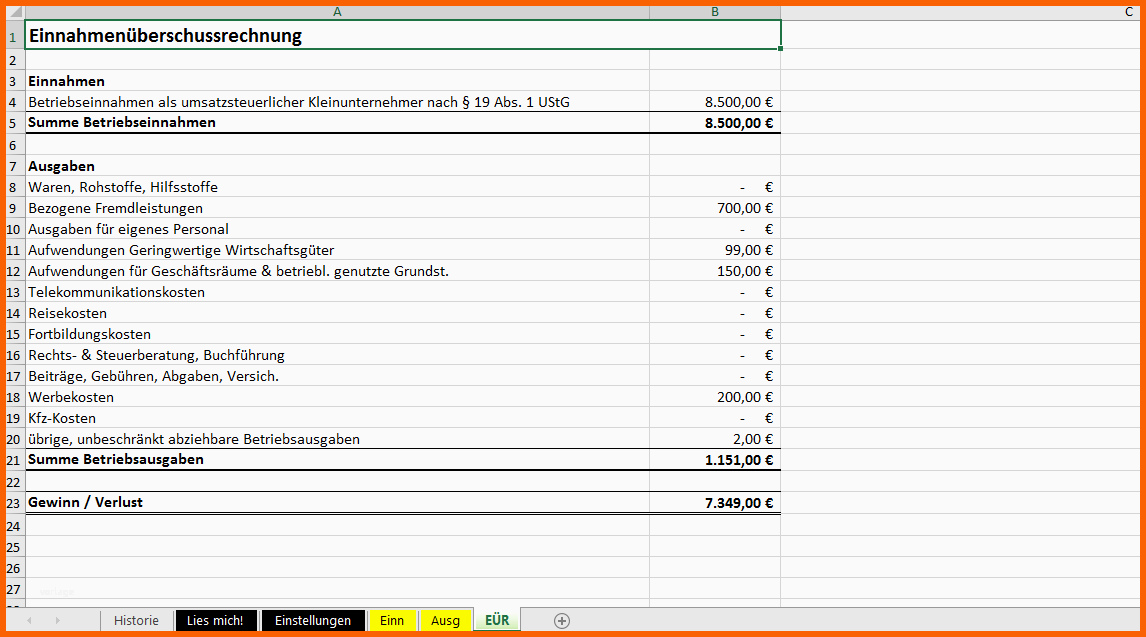 Ungewöhnlich Excel Vorlage formlose Gewinnermittlung Pierre Tunger
