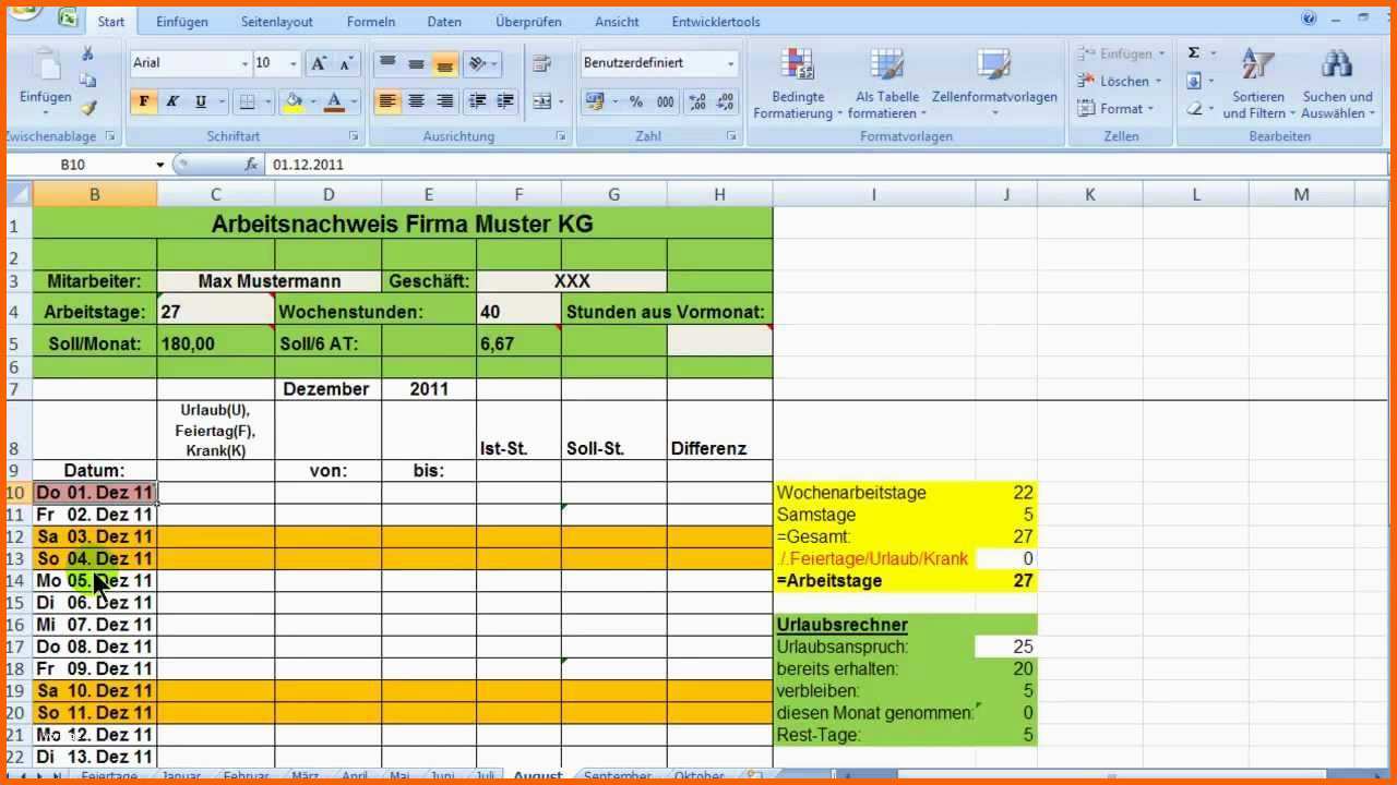 Ungewöhnlich Excel Zeiterfassung Wochentage Bedingt formatieren