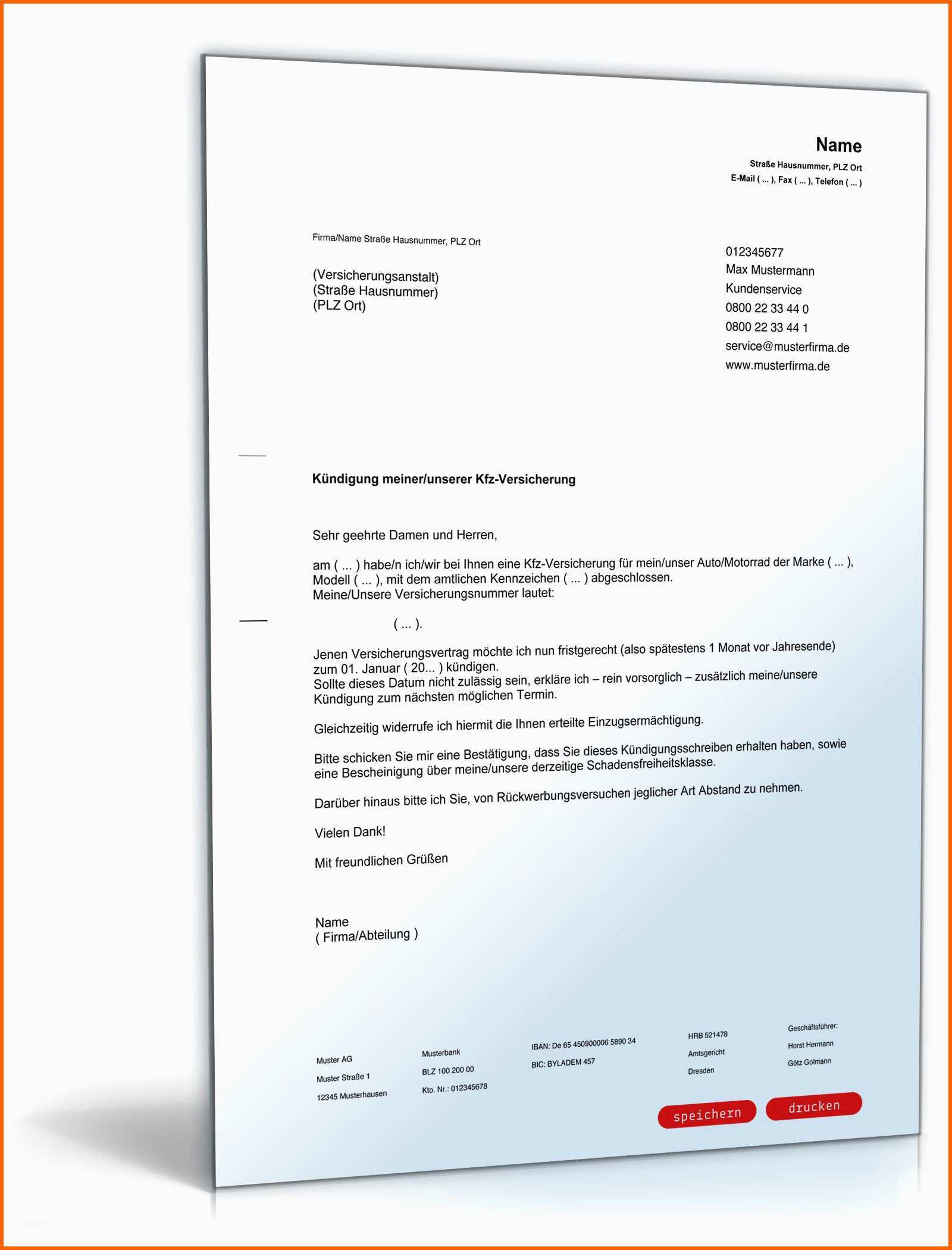 Ungewöhnlich Kfz Versicherung Kündigung Vorlage Word