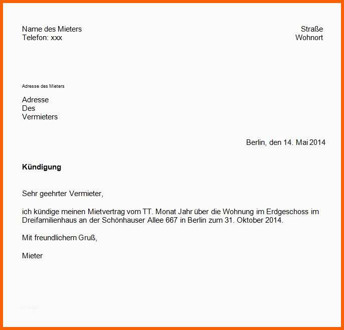 Ungewöhnlich Kündigung Eines Mietvertrages Mit Vorlage Ganz Einfach – Giga