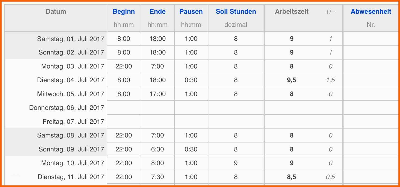 Ungewöhnlich Vorlage Zur Dokumentation Der Tglichen Arbeitszeit