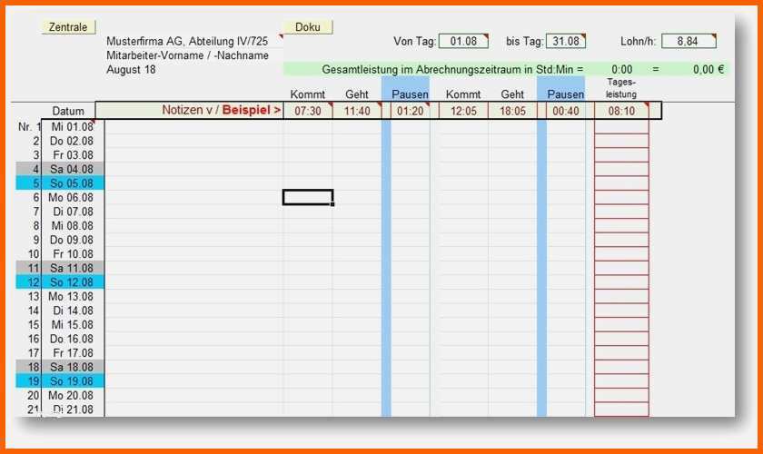 Unglaublich Excel Arbeitszeitnachweis Vorlagen 2018dokumentation