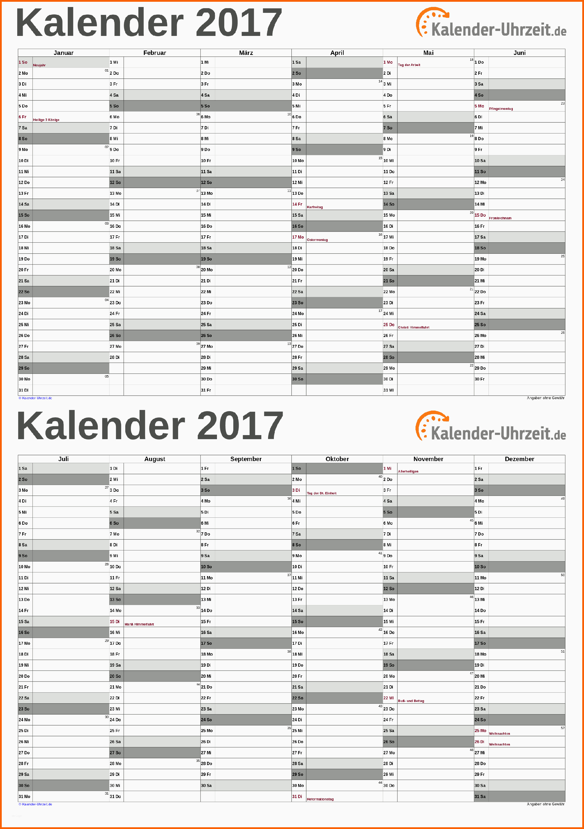 Unglaublich Excel Kalender 2017 Kostenlos