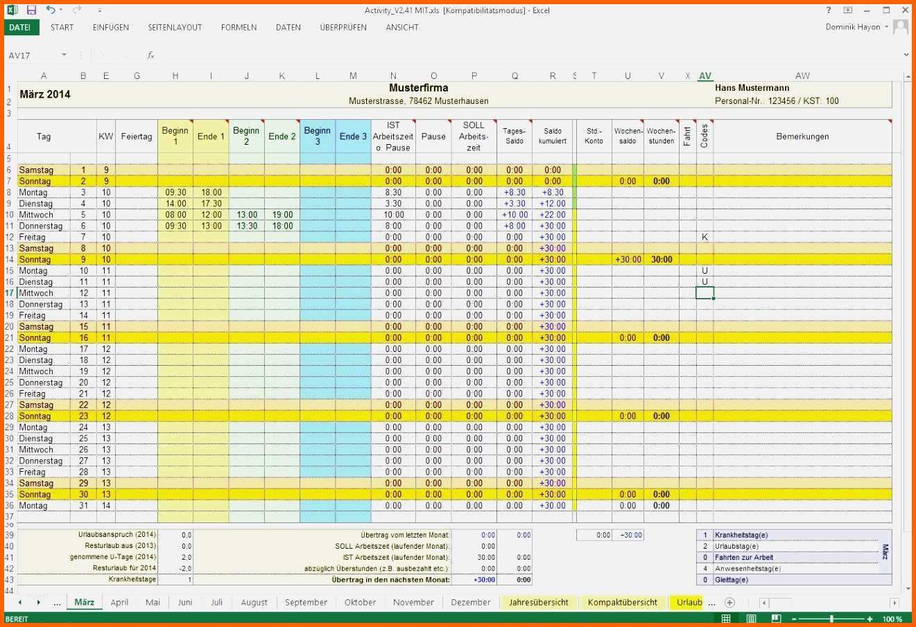 Unglaublich Excel Zeiterfassung Vorlage Kostenlos Lieblich 9
