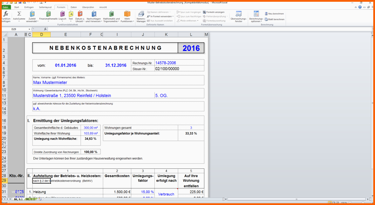 Unglaublich Muster Betriebskostenabrechnung Excel Vorlagen Shop