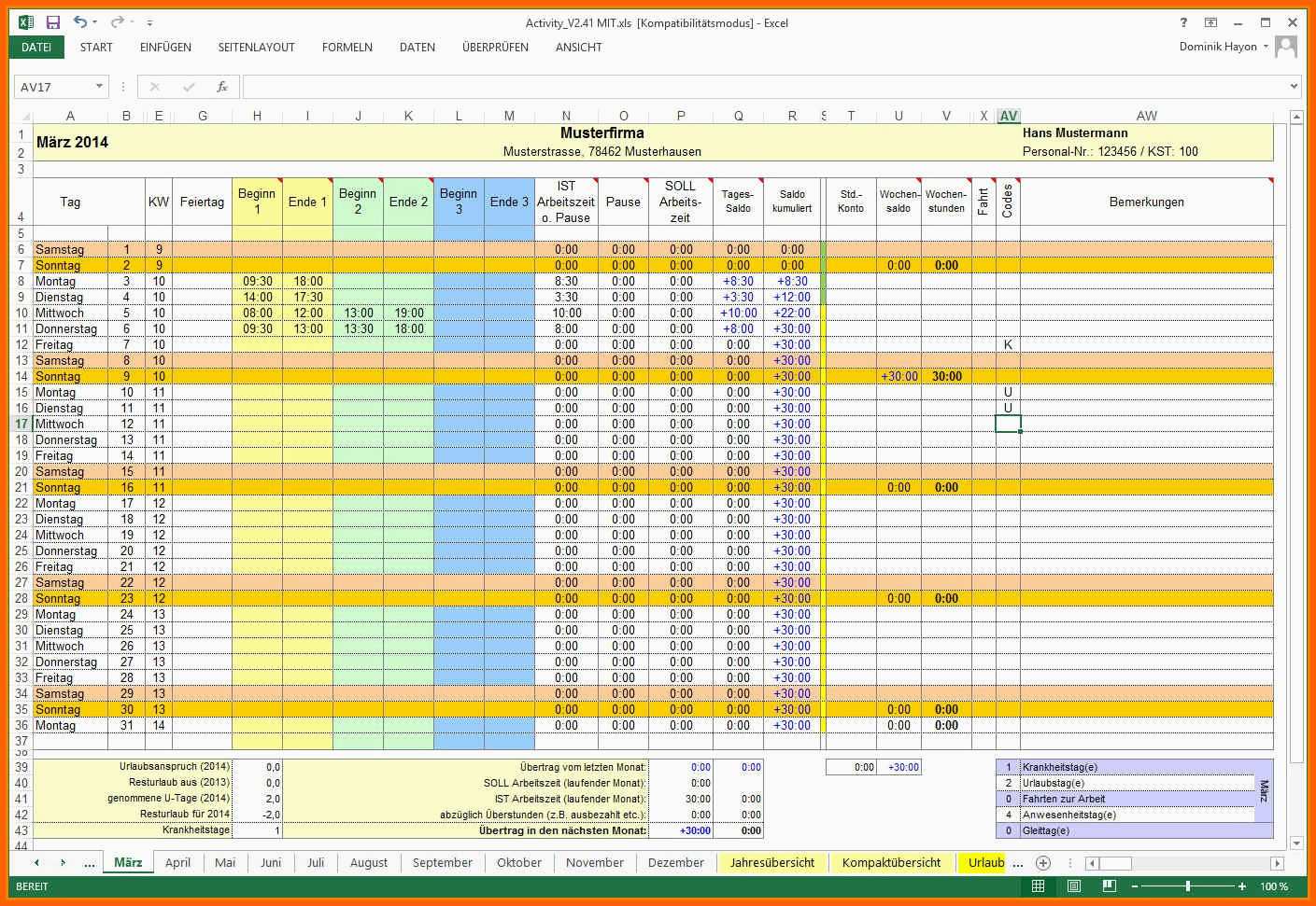 Unvergesslich Arbeitszeiterfassung Excel Erstellen Inspirierend Kniffel