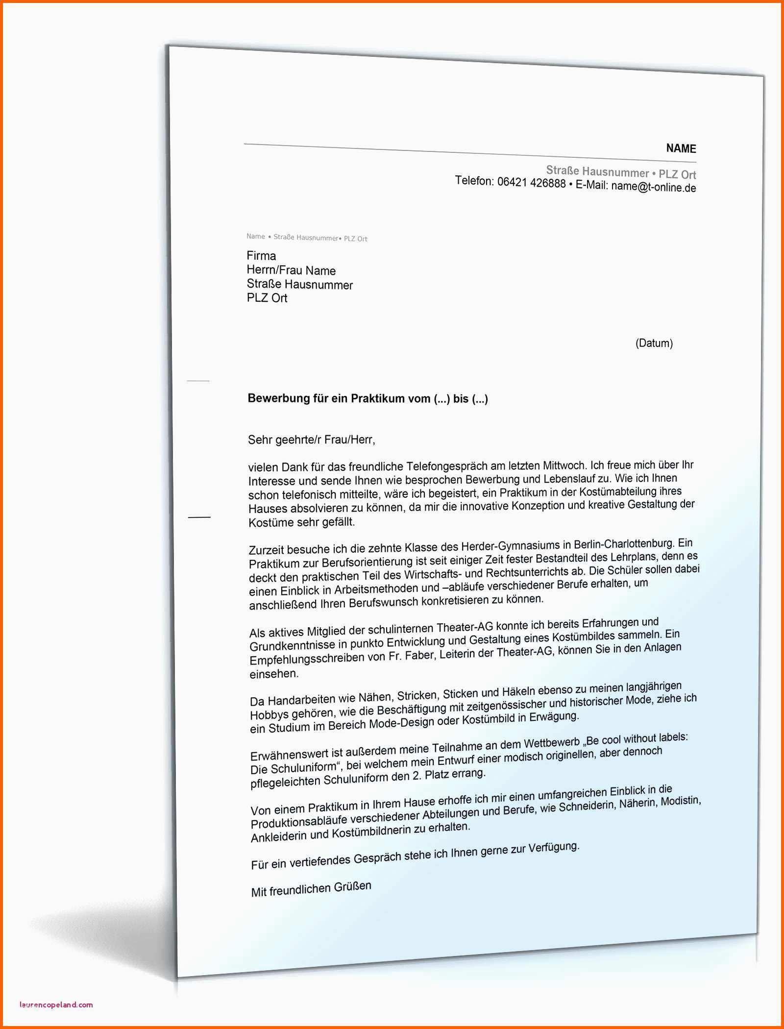 Unvergesslich Bewerbung Schreiben Praktikum Schuler Vorlage Frisches