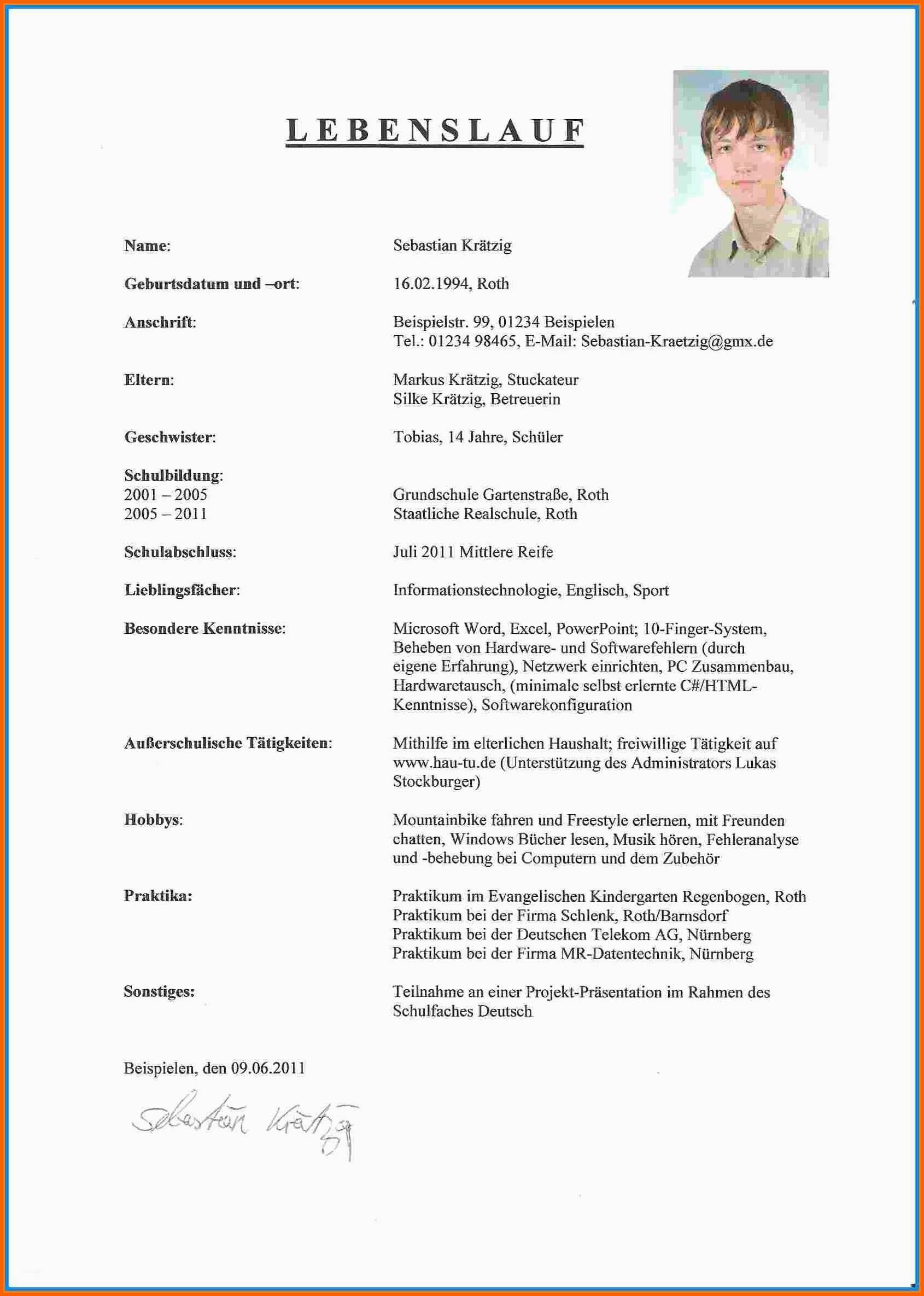 Unvergesslich Lebenslauf Muster Für Schüler tolle Für Lebenslauf Vorlage