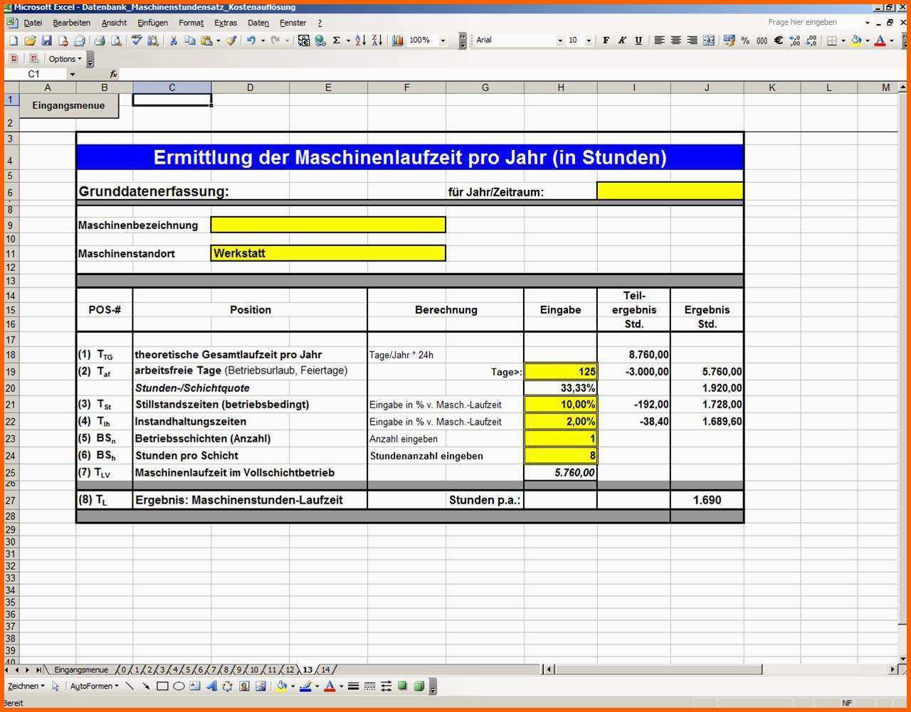 Unvergesslich Maschinenstundensatzkalkulation In Excel Excel Vorlagen Shop