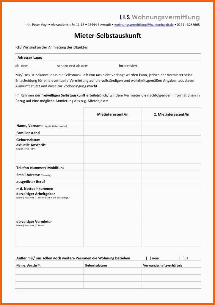 Unvergesslich Mieterselbstauskunft formular Word Schön ord Und Pdf