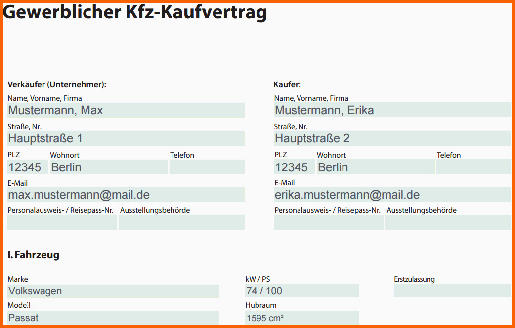 Unvergesslich Muster Kaufvertrag Auto Privat & Gewerblich