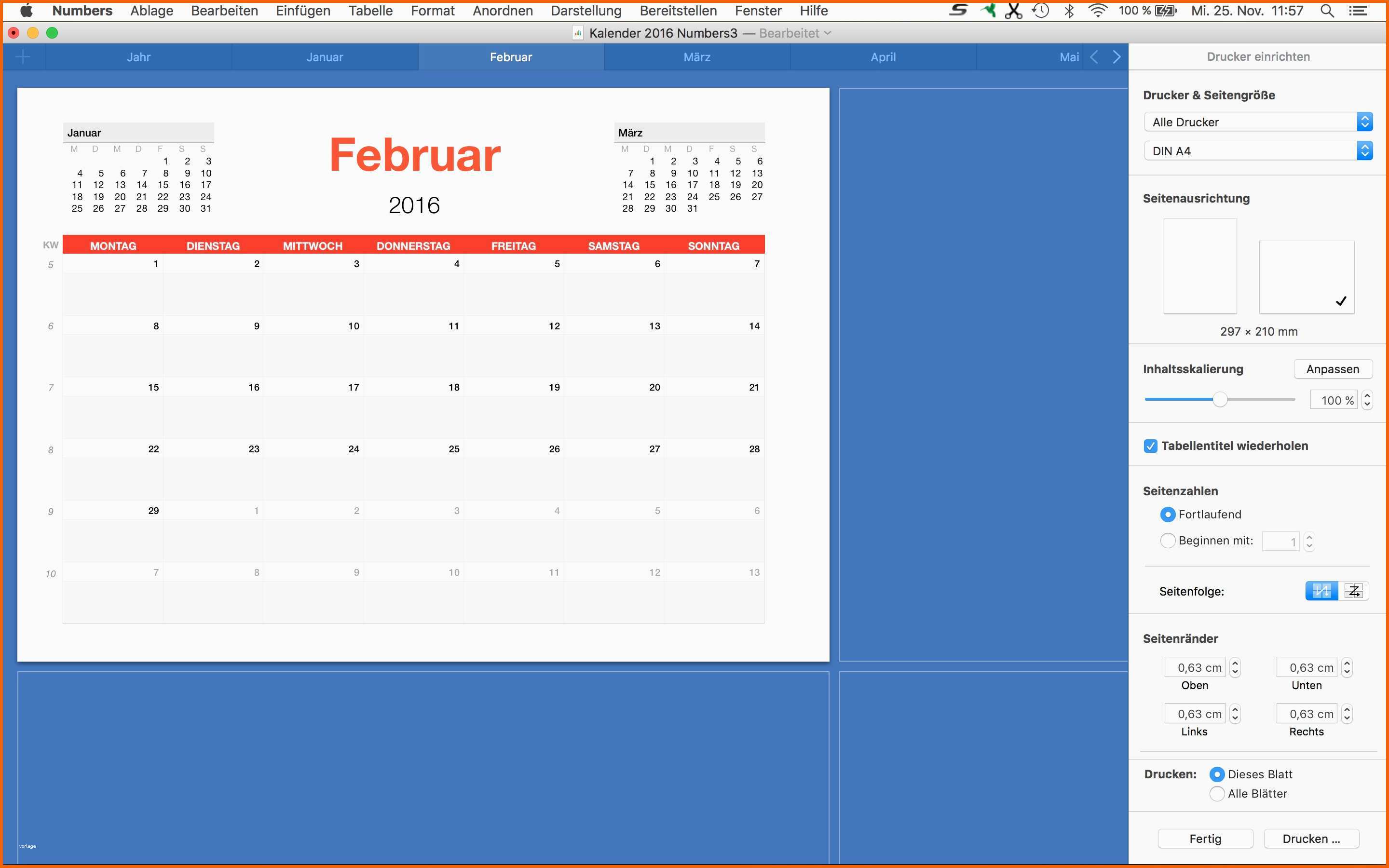 Unvergesslich Numbers Vorlage Kalender 2016