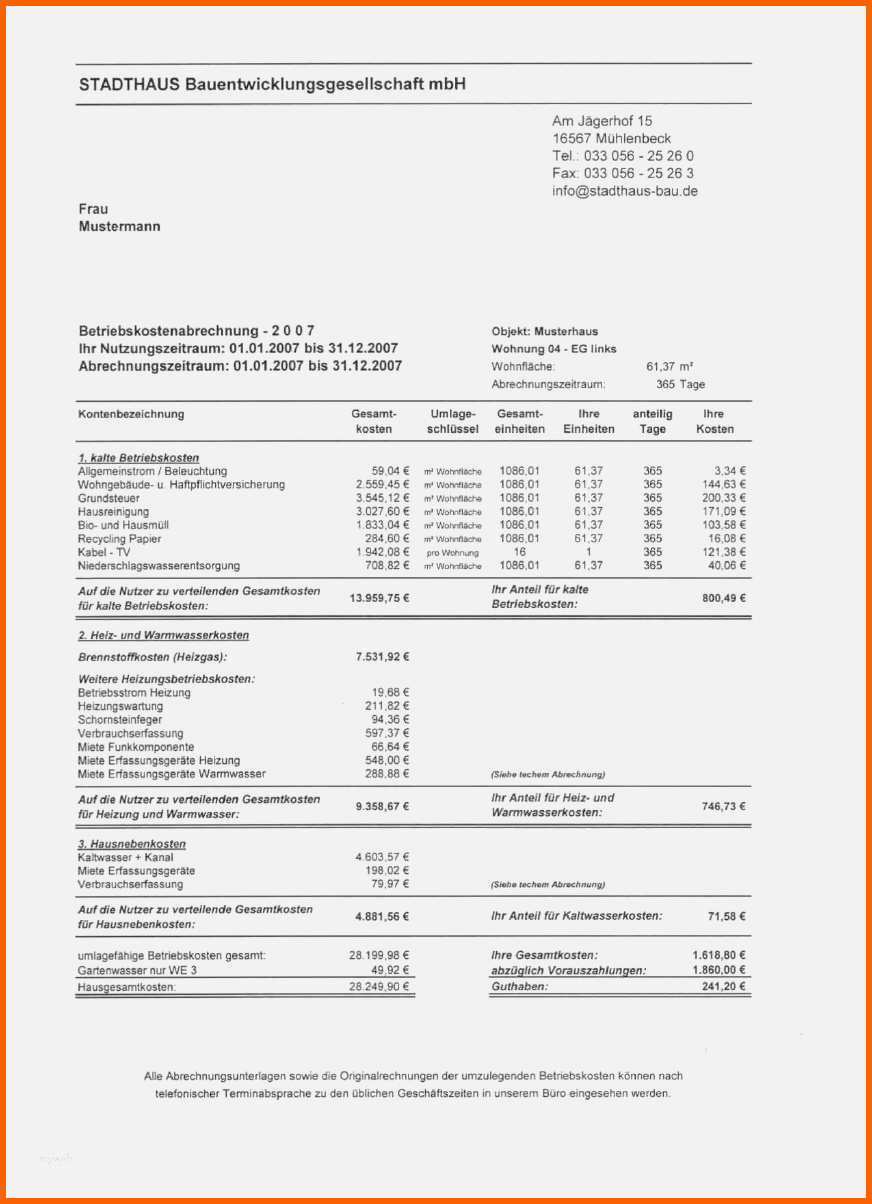 Unvergesslich Vermieter Betriebskostenabrechnung Vorlage Angenehm