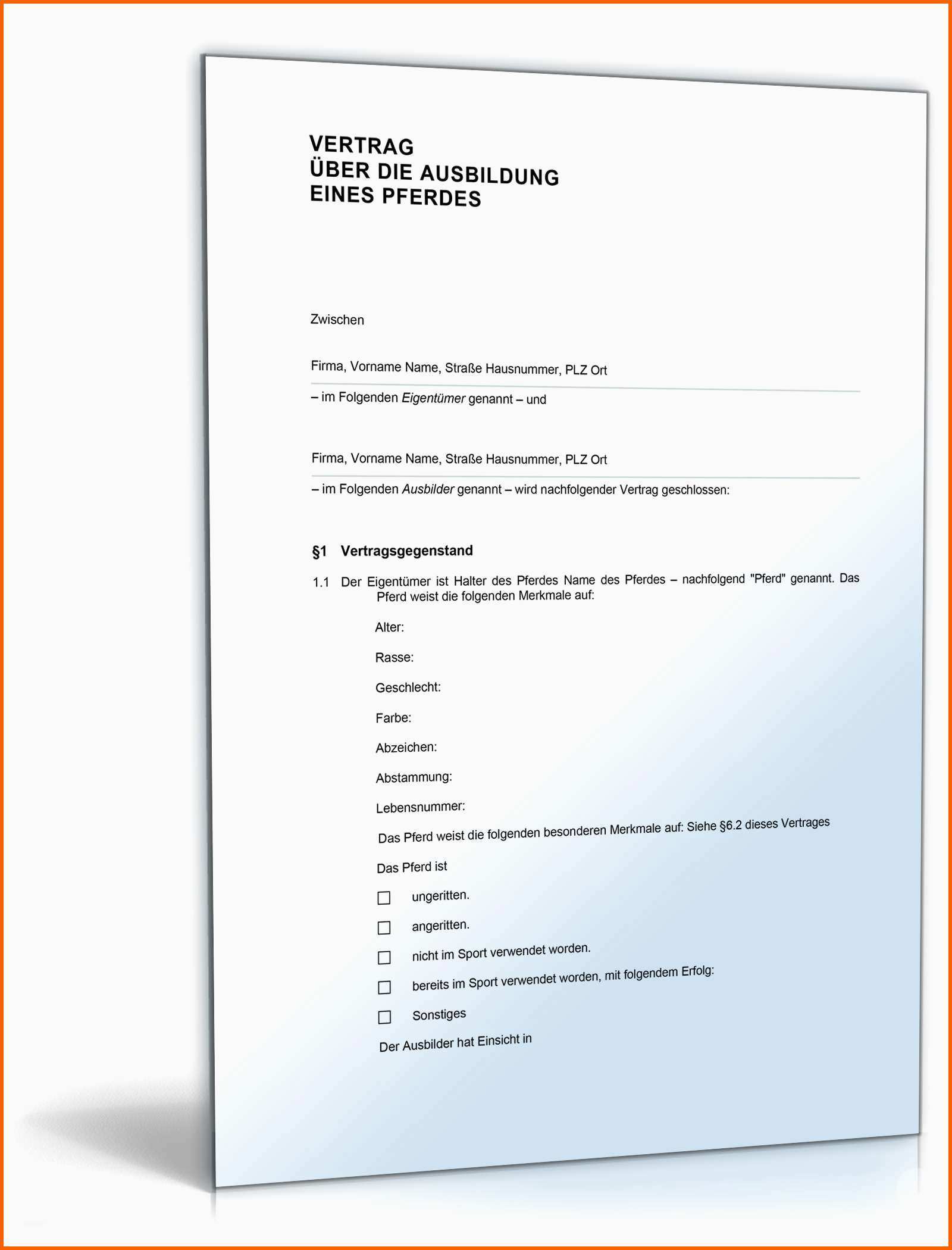 Unvergesslich Vertrag Pferdeausbildung