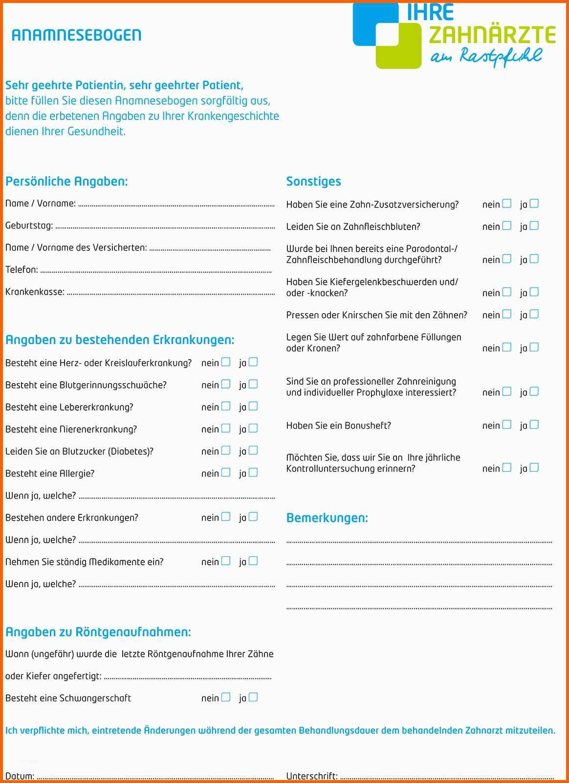 Unvergleichlich Anamnesebogen Zahnarzt Vorlage Englisch formulare Fur