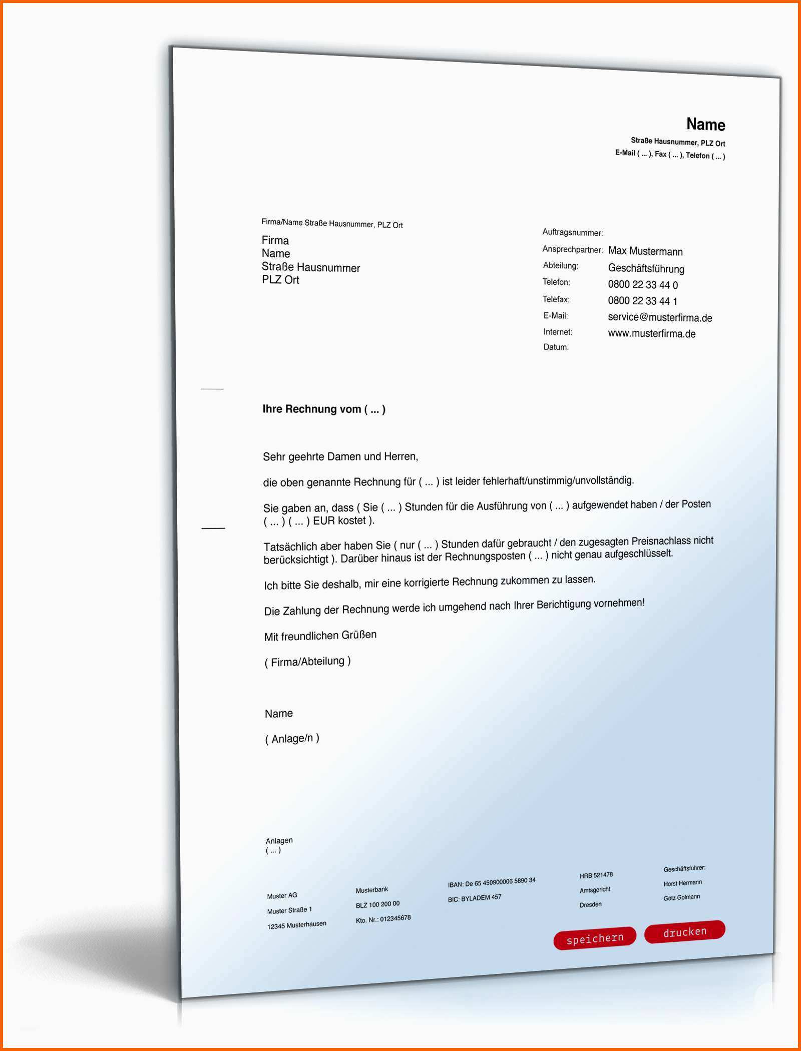 aufforderung korrektur ueberhoehte rechnung