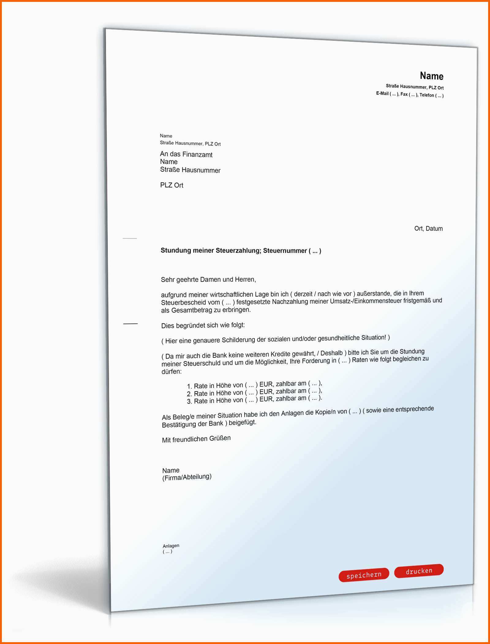 Unvergleichlich Bitte Um Ratenzahlung Der Steuerschuld Muster Vorlage
