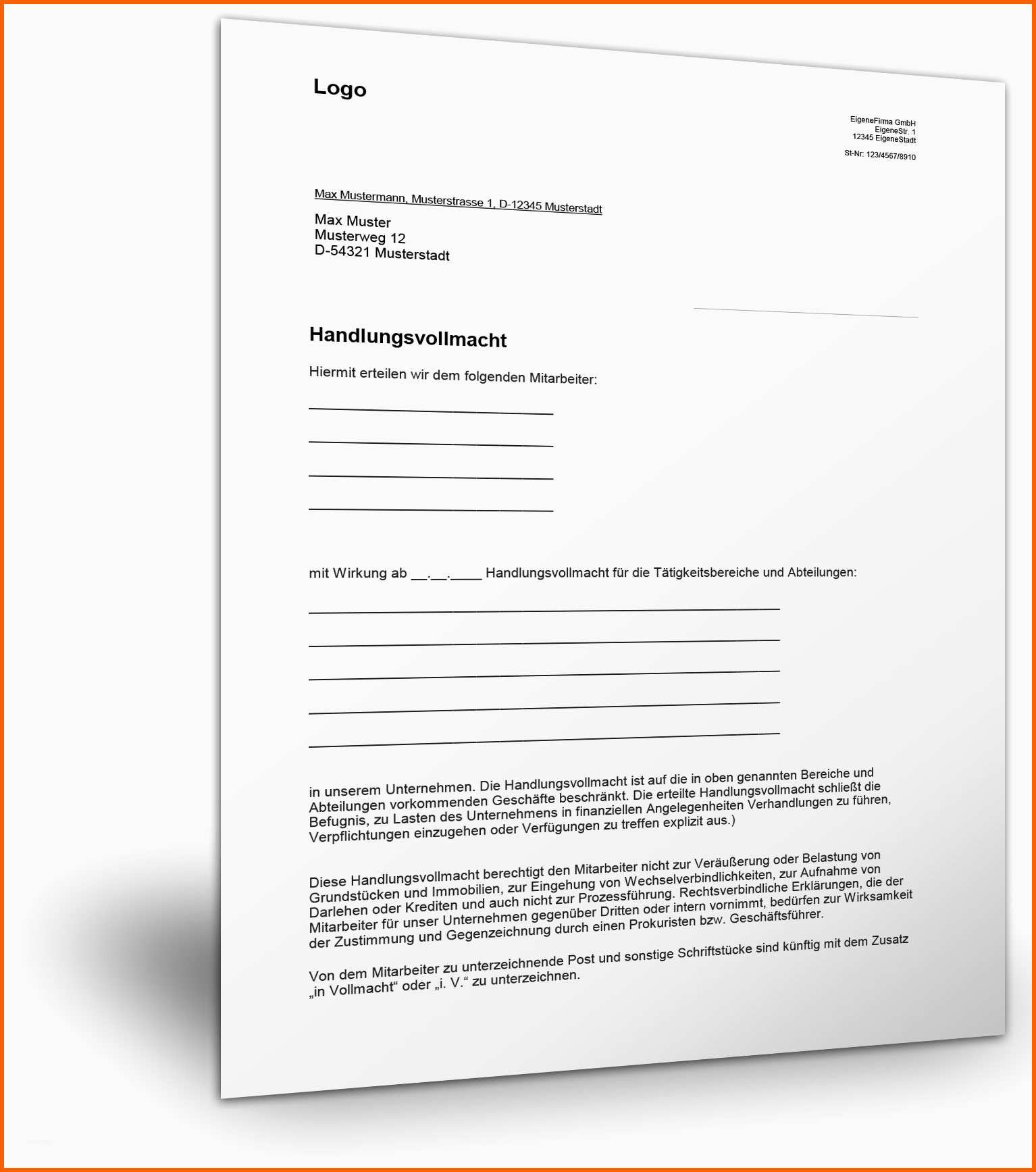 Unvergleichlich Handlungsvollmacht Mustervorlage Vollmachtmuster