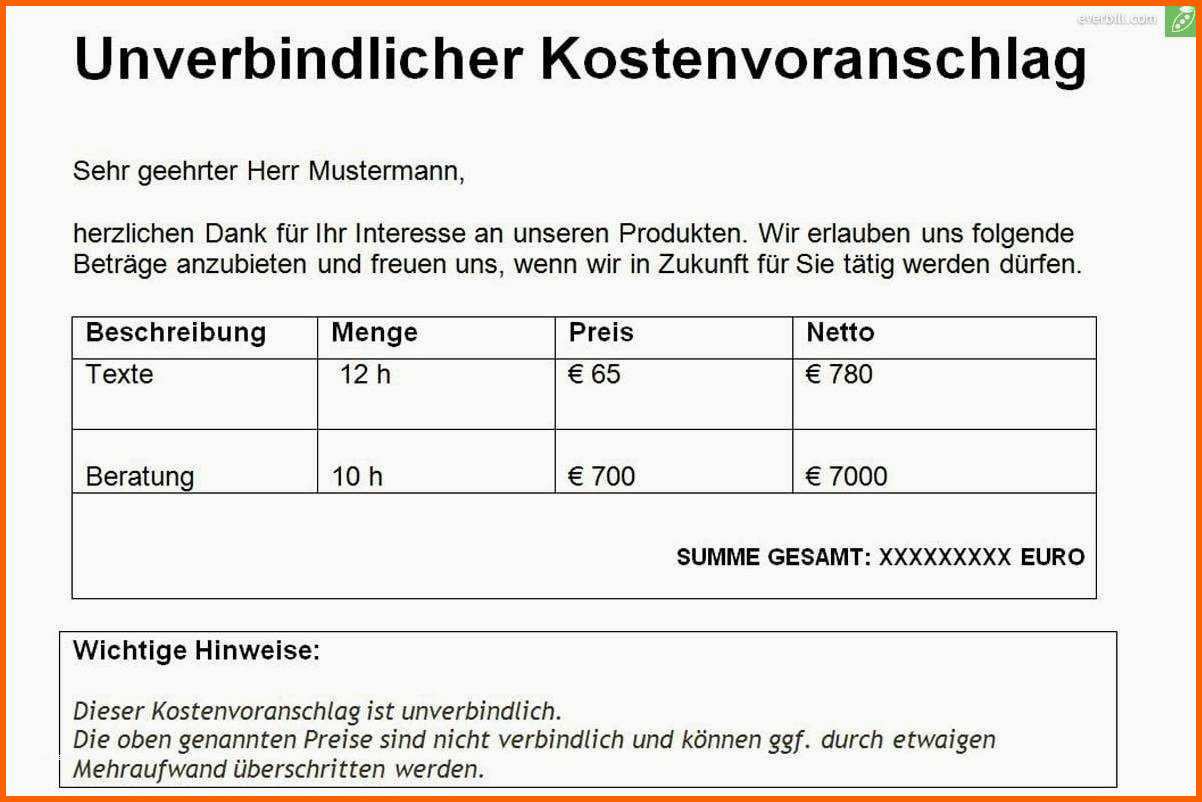 Unvergleichlich Kostenvoranschlag Anfrage Muster Frisch Auftrag Erteilen