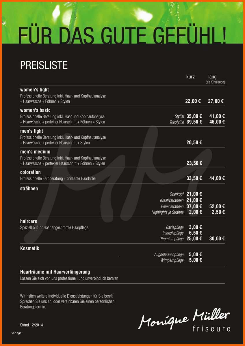 Unvergleichlich Preisliste Vorlage Friseur Befriedigend Preisliste Mit