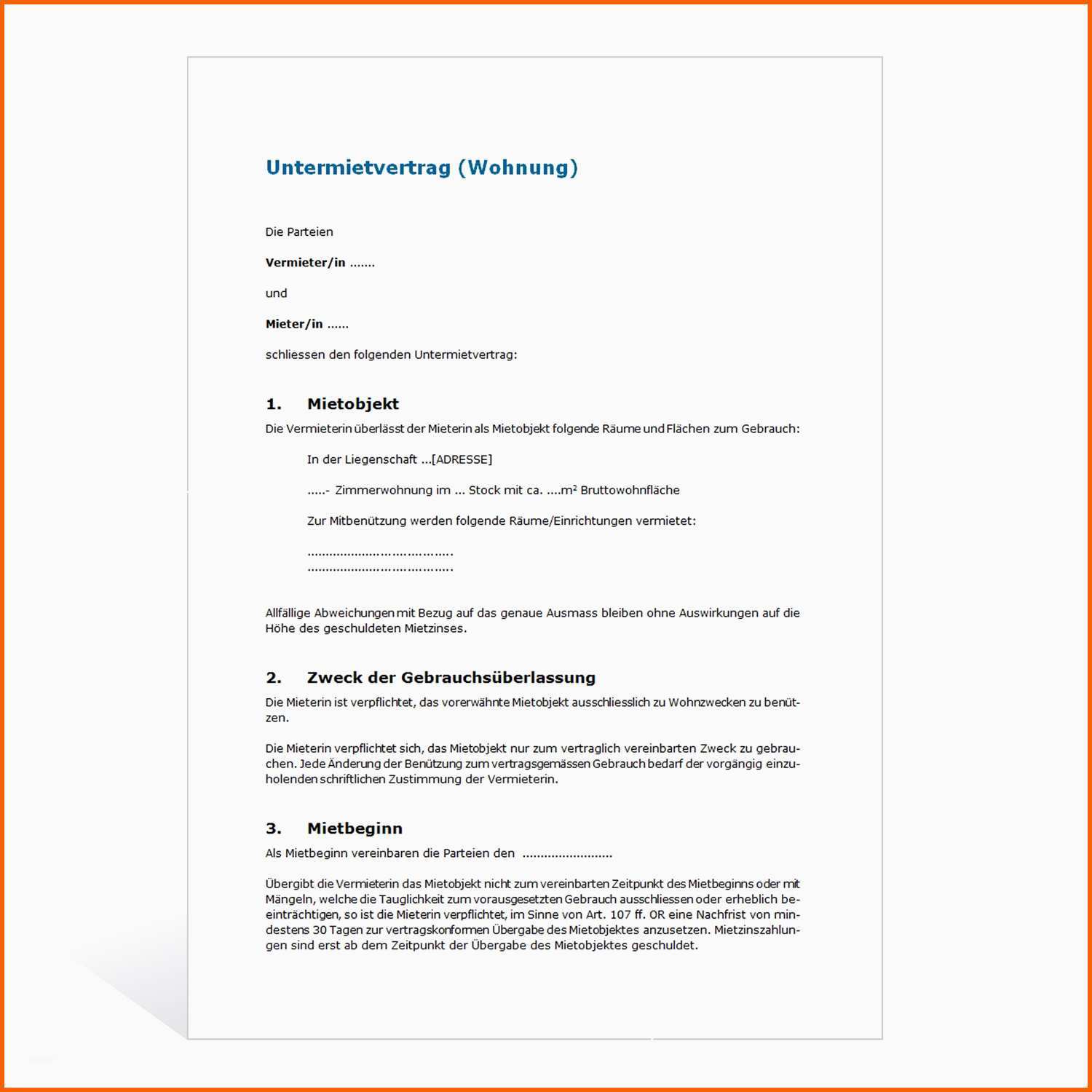 Unvergleichlich Untermietvertrag Für Eine Wohnung