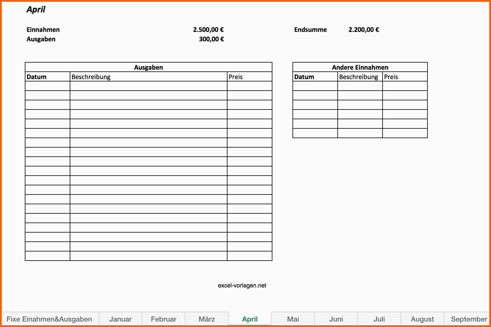 Wunderbar Excel Vorlagen Kostenaufstellung Inspiration Haushaltsbuch