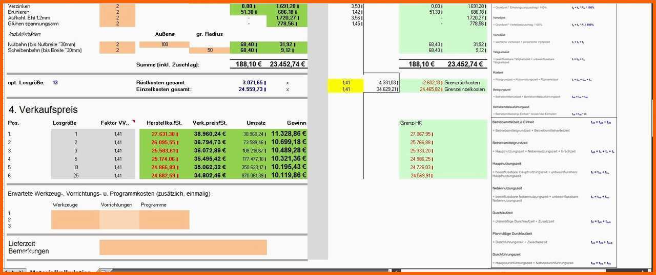 Wunderbar Kalkulation Materialbearbeitung Excel Vorlagen Shop