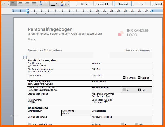 Wunderbar Muster Personalfragebogen Datev