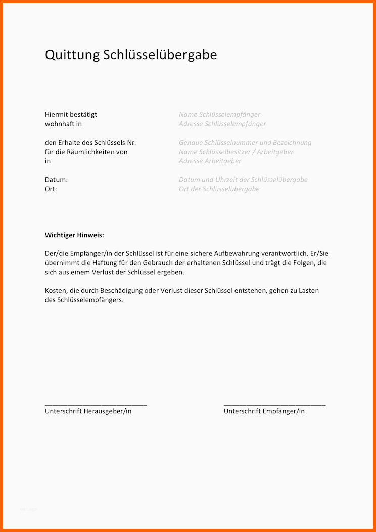 Wunderbar Schlüsselübergabe Vorlage & Empfangsbestätigung